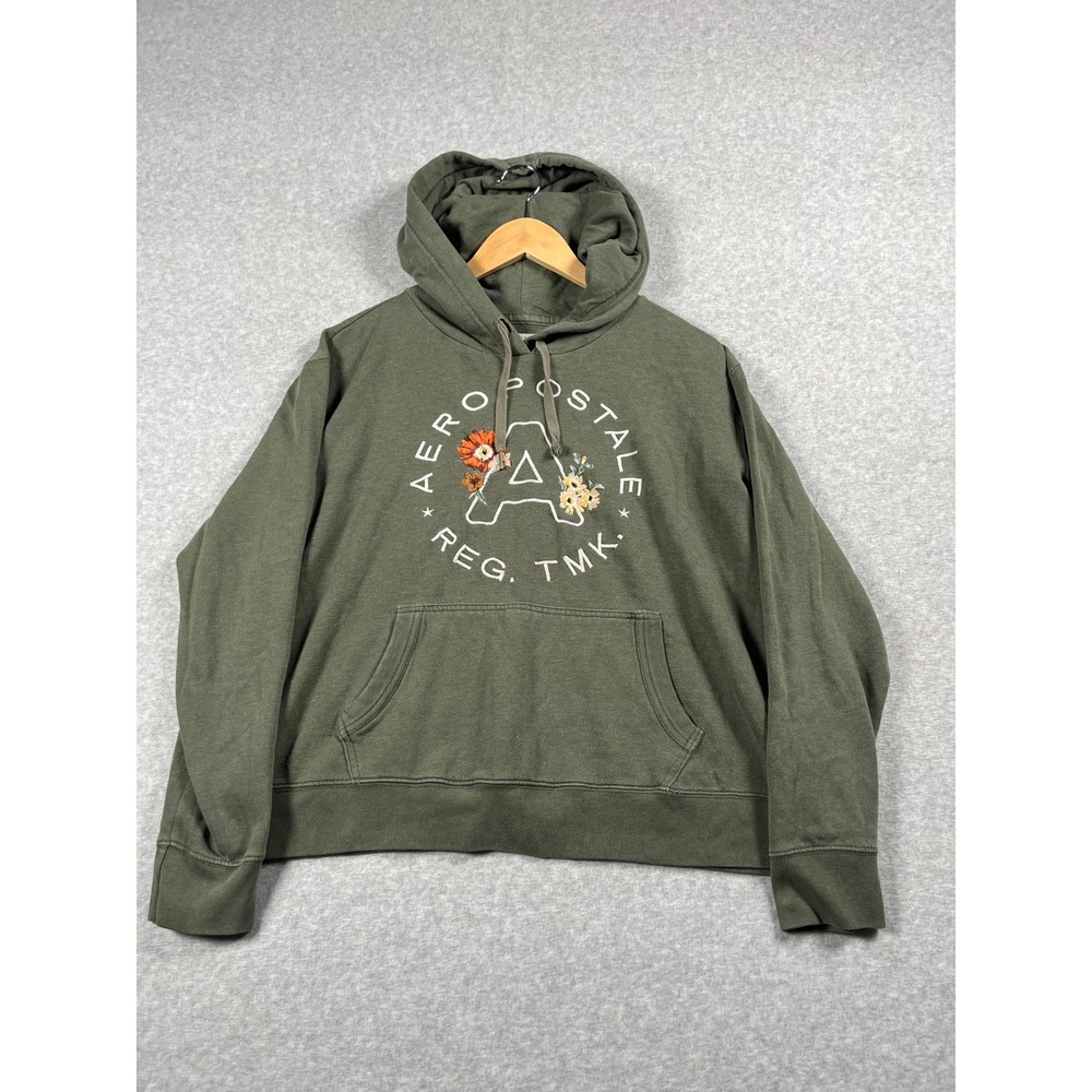 Aeropostale Hoodie Womens L Green Pullover Floral Graphic Logo Comfy Casual